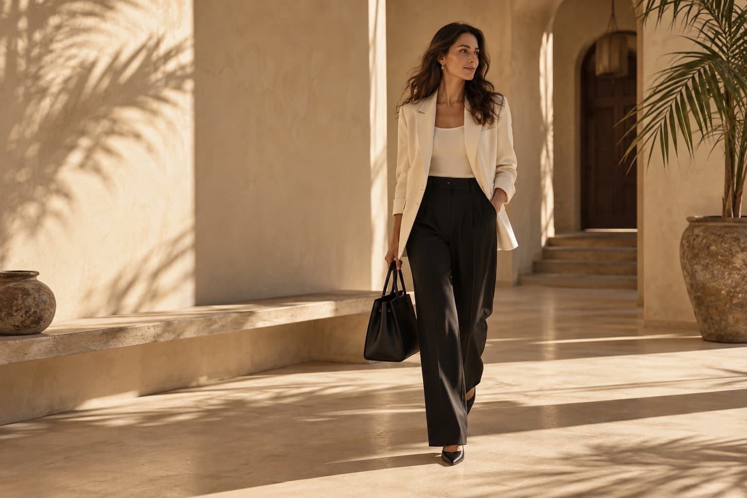 A woman in a cream blazer and black trousers walking through a sunlit space