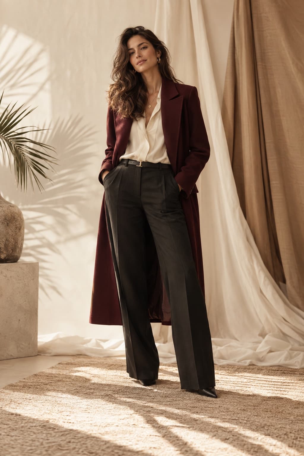 A woman in a burgundy coat and tailored outfit in a warm studio